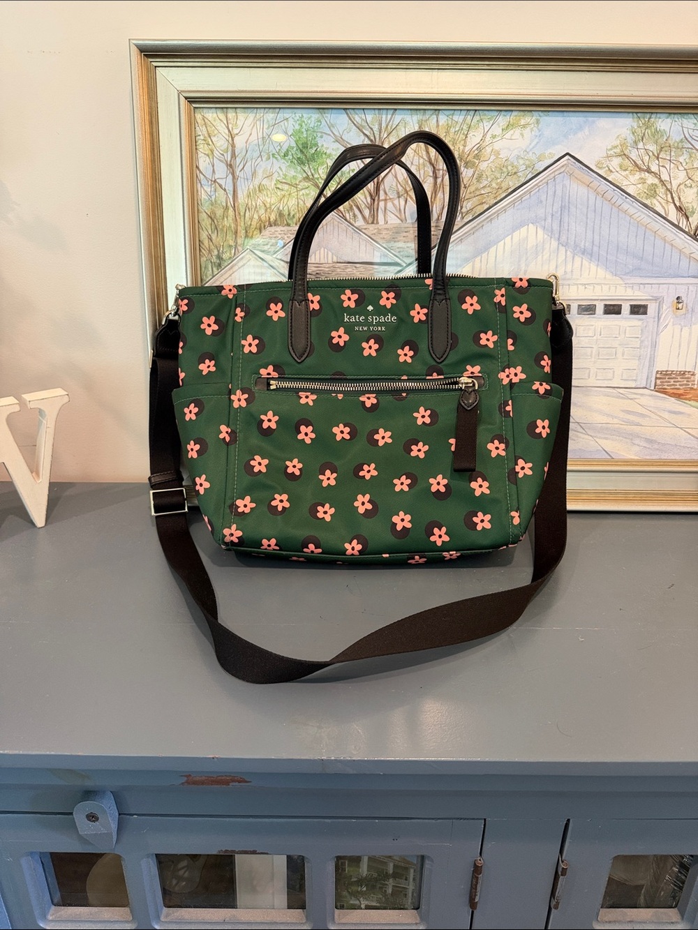 kate spade Green Floral Nylon Tote with Pink Flowers and Black Trim